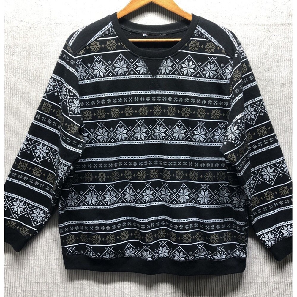 Karen Scott Fleece Sweater 1X Black Fair Isle Holiday Christmas